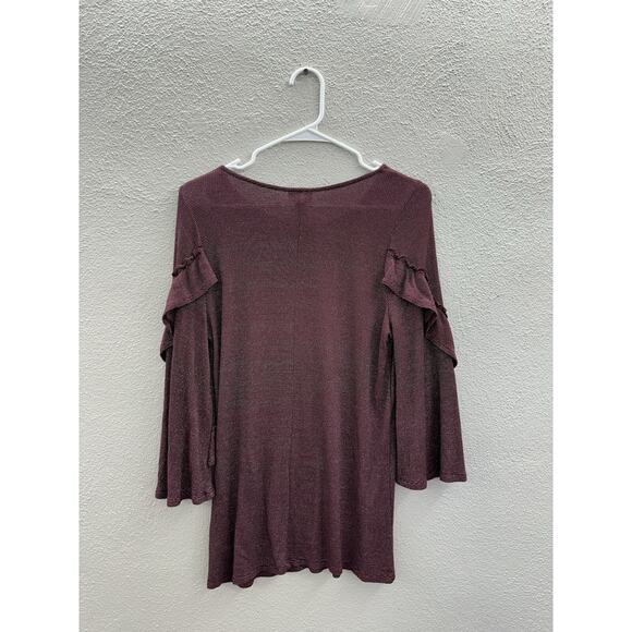 a.n.a A New Approch Womens Blouse Size Large Maroon Ruffled Sleeve Metalic Lines - Picture 5 of 9